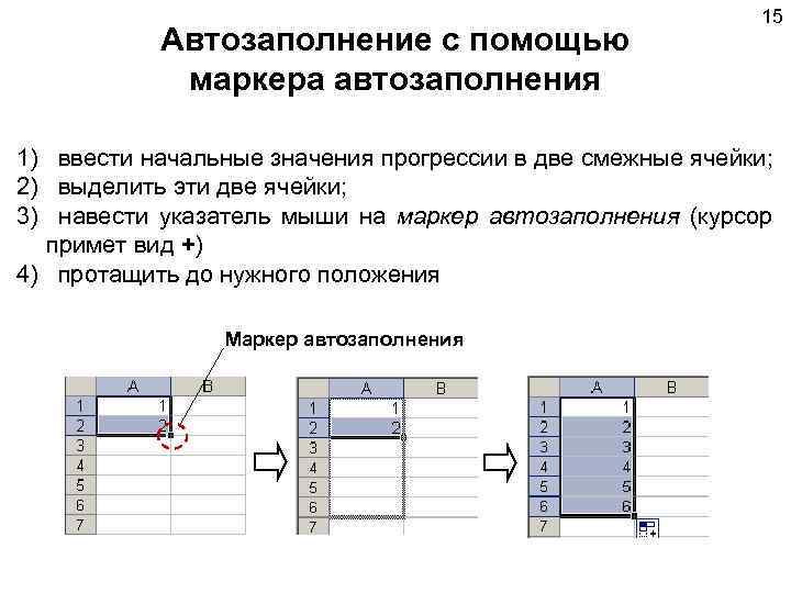 Автозаполнение с помощью маркера автозаполнения 15 1) ввести начальные значения прогрессии в две смежные