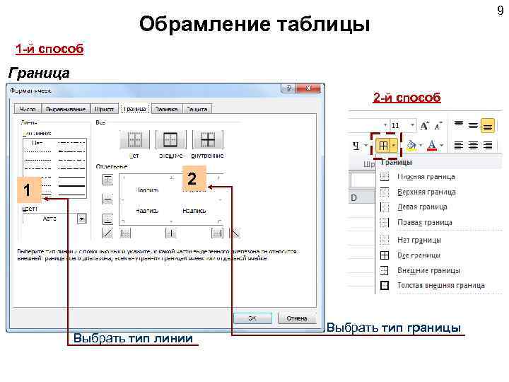 9 Обрамление таблицы 1 -й способ Граница 2 -й способ 1 2 Выбрать тип