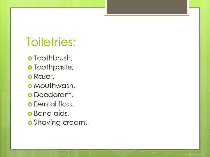 Toiletries: Toothbrush, Toothpaste, Razor, Mouthwash, Deodorant, Dental floss, Band aids, Shaving cream. 