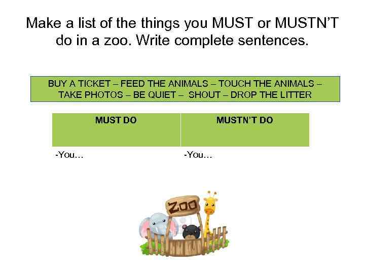 Make a list of the things you MUST or MUSTN’T do in a zoo.