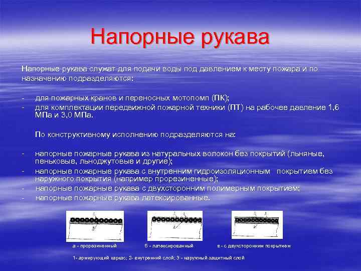 Напорные рукава служат для подачи воды под давлением к месту пожара и по назначению