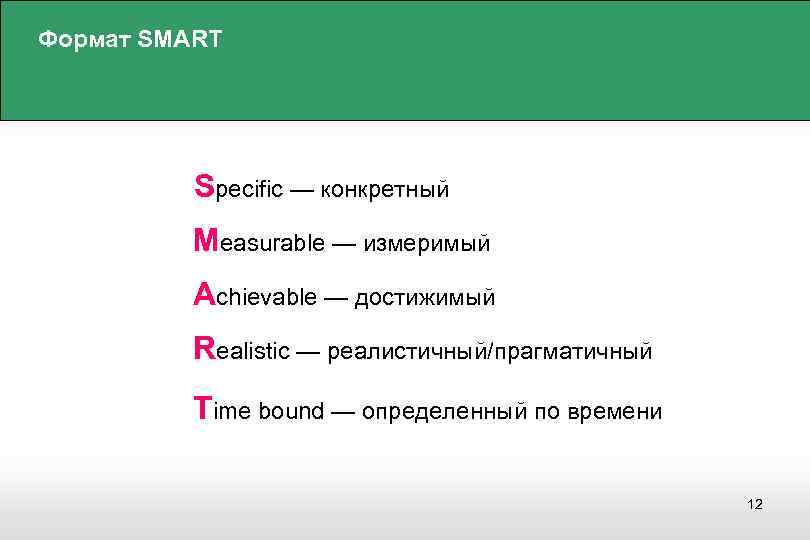 Формат SMART Specific — конкретный Measurable — измеримый Achievable — достижимый Realistic — реалистичный/прагматичный