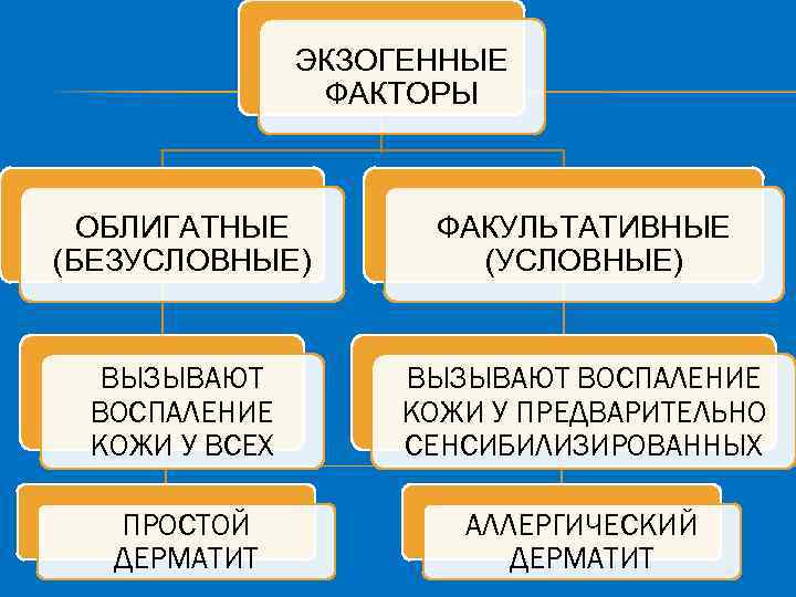 ЭКЗОГЕННЫЕ ФАКТОРЫ ОБЛИГАТНЫЕ (БЕЗУСЛОВНЫЕ) ФАКУЛЬТАТИВНЫЕ (УСЛОВНЫЕ) ВЫЗЫВАЮТ ВОСПАЛЕНИЕ КОЖИ У ВСЕХ ВЫЗЫВАЮТ ВОСПАЛЕНИЕ КОЖИ