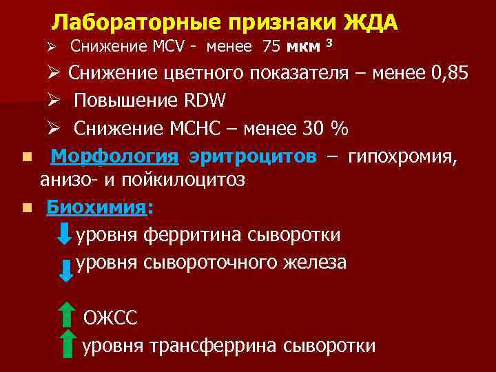 Лабораторные признаки ЖДА Ø Снижение MCV - менее 75 мкм 3 Ø Снижение цветного