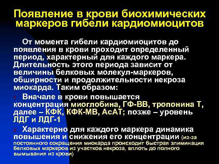 Появление в крови биохимических маркеров гибели кардиомиоцитов От момента гибели кардиомиоцитов до появления в