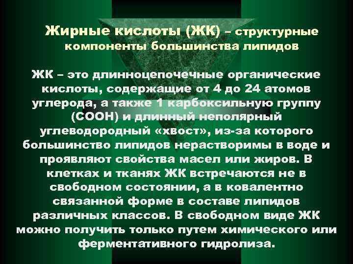 Жирные кислоты (ЖК) – структурные компоненты большинства липидов ЖК – это длинноцепочечные органические кислоты,