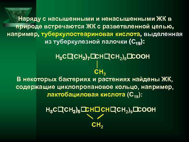 Наряду с насышенными и ненасышенными ЖК в природе встречаются ЖК с разветвленной цепью, например,