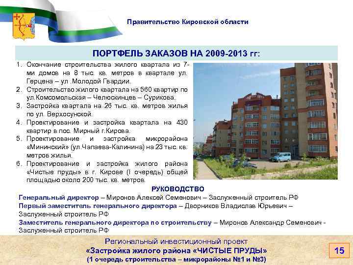 Правительство Кировской области ПОРТФЕЛЬ ЗАКАЗОВ НА 2009 -2013 гг: 1. Окончание строительства жилого квартала