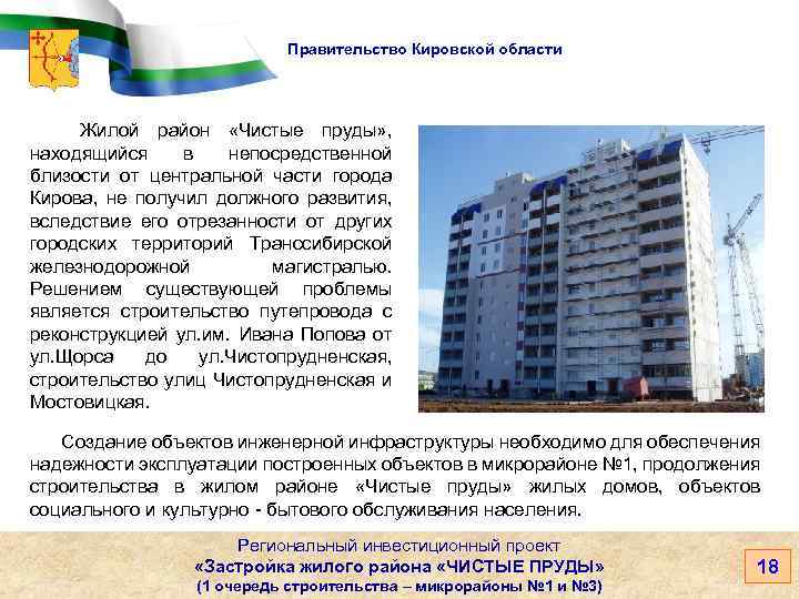 Правительство Кировской области Жилой район «Чистые пруды» , находящийся в непосредственной близости от центральной