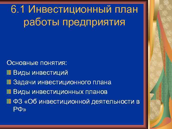 6. 1 Инвестиционный план работы предприятия Основные понятия: Виды инвестиций Задачи инвестиционного плана Виды
