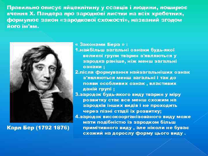 Правильно описує яйцеклітину у ссавців і людини, поширює вчення Х. Пандера про зародкові листки