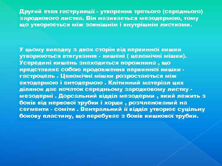 Другий етап гаструляції - утворення третього (середнього) зародкового листка. Він називається мезодермою, тому що