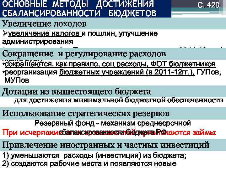 ОСНОВНЫЕ МЕТОДЫ ДОСТИЖЕНИЯ СБАЛАНСИРОВАННОСТИ БЮДЖЕТОВ Увеличение доходов С. 420 Øувеличение налогов и пошлин, улучшение