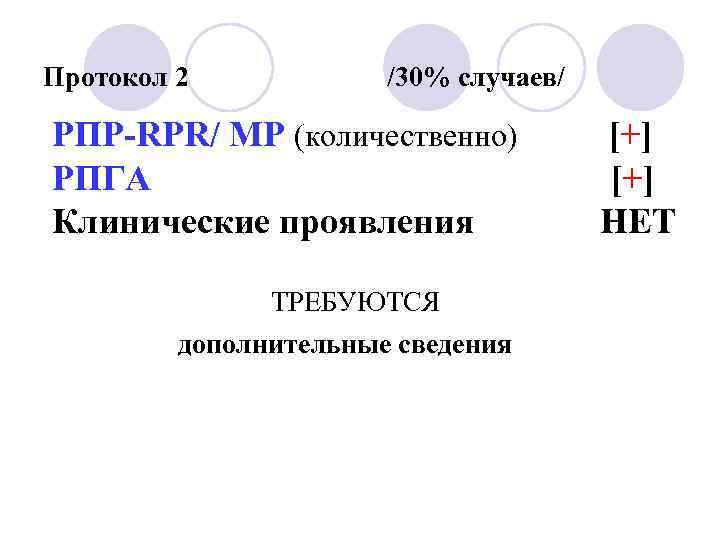 Протокол 2 /30% случаев/ РПР-RPR/ МР (количественно) [+] РПГА [+] Клинические проявления НЕТ ТРЕБУЮТСЯ