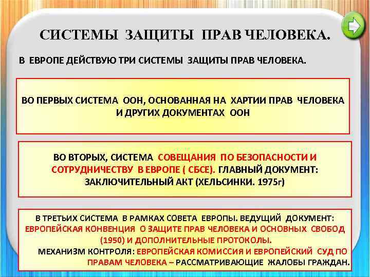 СИСТЕМЫ ЗАЩИТЫ ПРАВ ЧЕЛОВЕКА. В ЕВРОПЕ ДЕЙСТВУЮ ТРИ СИСТЕМЫ ЗАЩИТЫ ПРАВ ЧЕЛОВЕКА. ВО ПЕРВЫХ