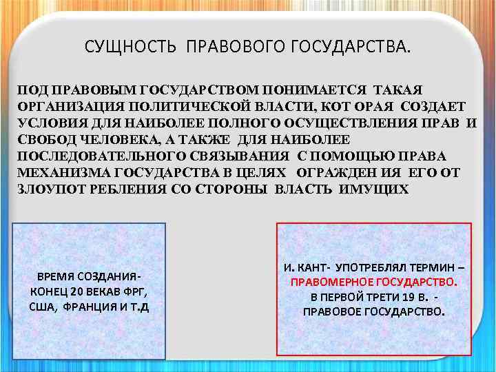 СУЩНОСТЬ ПРАВОВОГО ГОСУДАРСТВА. ПОД ПРАВОВЫМ ГОСУДАРСТВОМ ПОНИМАЕТСЯ ТАКАЯ ОРГАНИЗАЦИЯ ПОЛИТИЧЕСКОЙ ВЛАСТИ, КОТ ОРАЯ СОЗДАЕТ