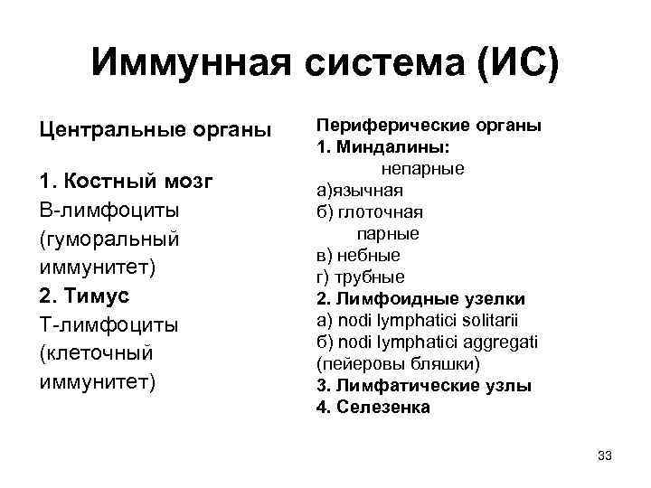 Иммунная система (ИС) Центральные органы 1. Костный мозг В-лимфоциты (гуморальный иммунитет) 2. Тимус Т-лимфоциты