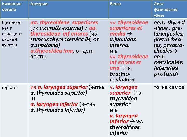 Название органа Артерии Щитовидная и паращитовидные железы аa. thyreoideae superiores (из a. carotis externa)