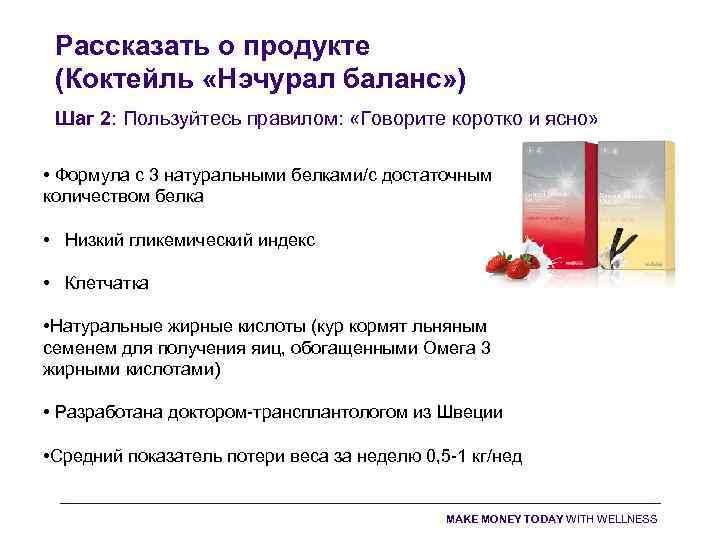 Рассказать о продукте (Коктейль «Нэчурал баланс» ) Шаг 2: Пользуйтесь правилом: «Говорите коротко и