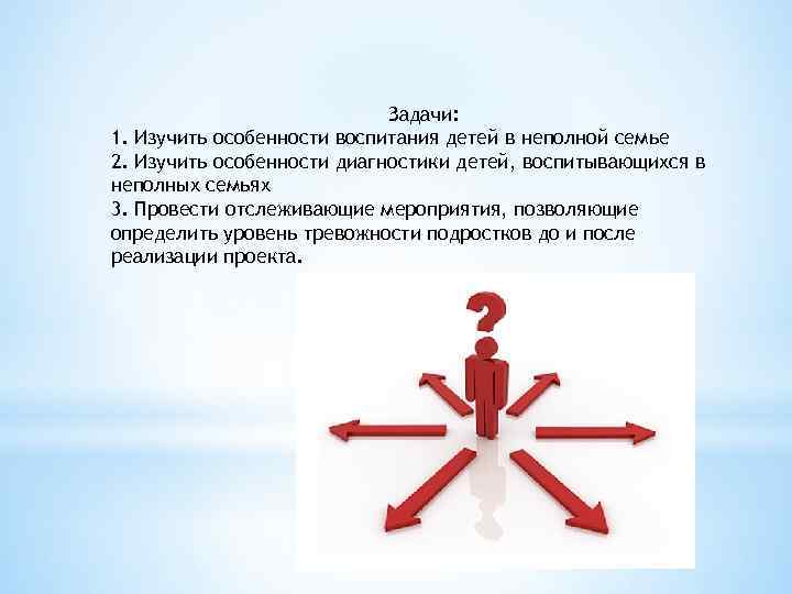 Задачи: 1. Изучить особенности воспитания детей в неполной семье 2. Изучить особенности диагностики детей,