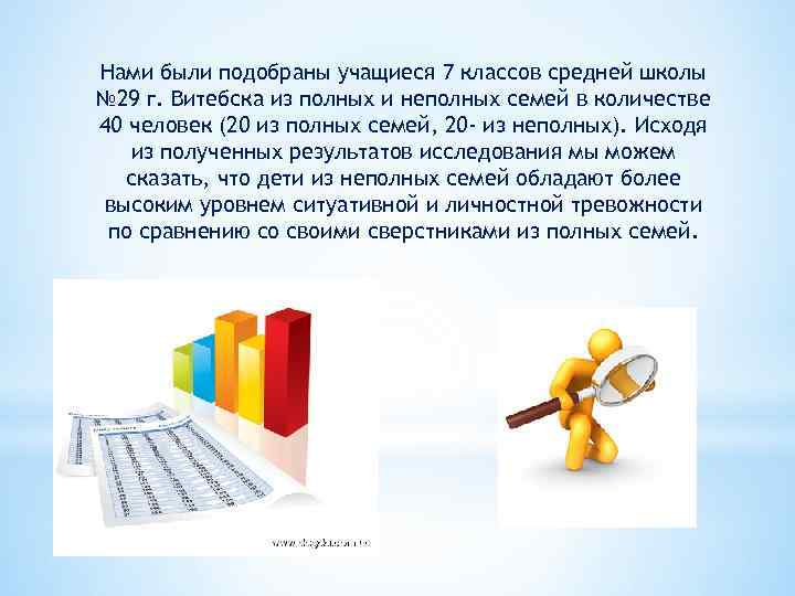 Нами были подобраны учащиеся 7 классов средней школы № 29 г. Витебска из полных