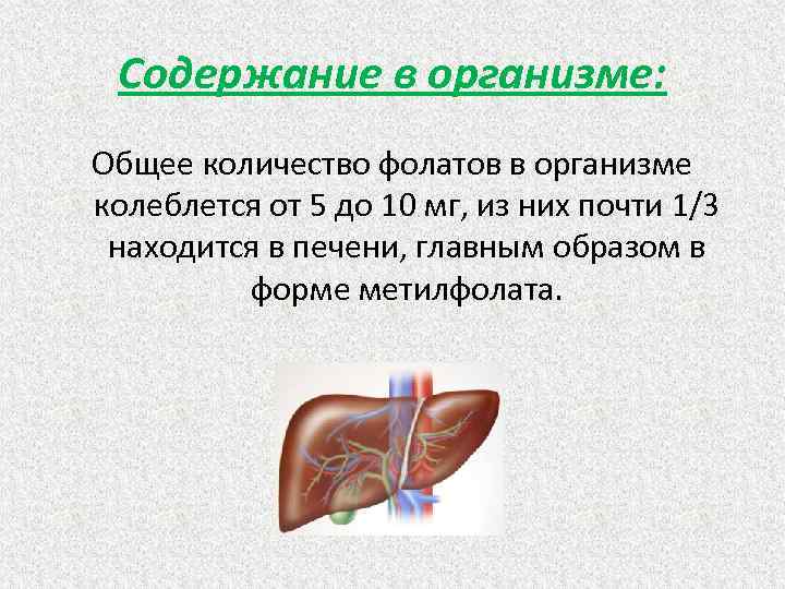 Содержание в организме: Общее количество фолатов в организме колеблется от 5 до 10 мг,