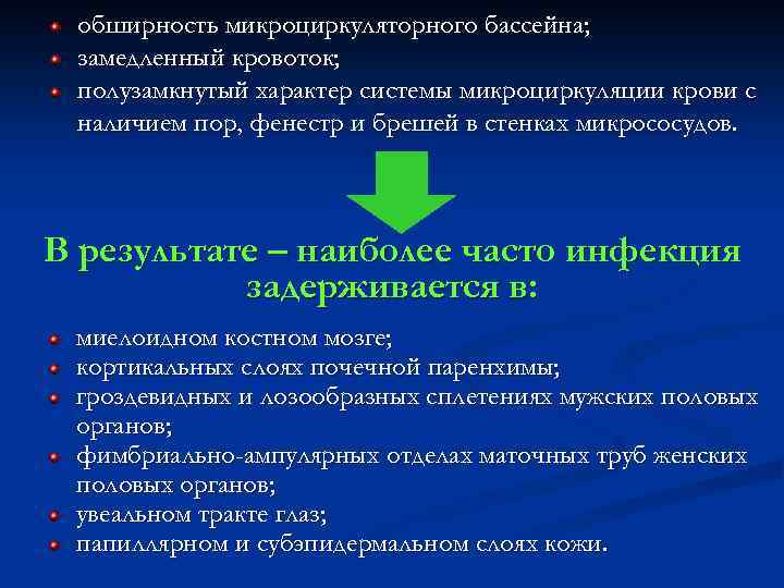 обширность микроциркуляторного бассейна; замедленный кровоток; полузамкнутый характер системы микроциркуляции крови с наличием пор, фенестр