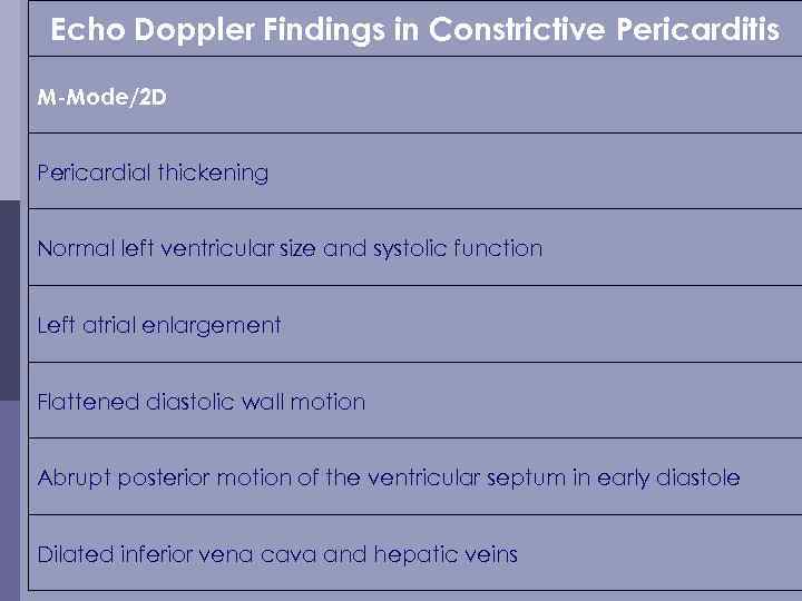 Echo Doppler Findings in Constrictive Pericarditis M-Mode/2 D Pericardial thickening Normal left ventricular size