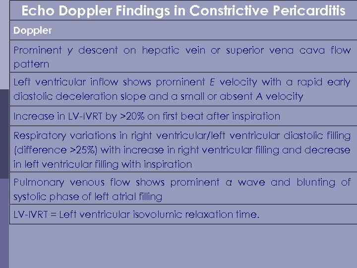 Echo Doppler Findings in Constrictive Pericarditis Doppler Prominent y descent on hepatic vein or