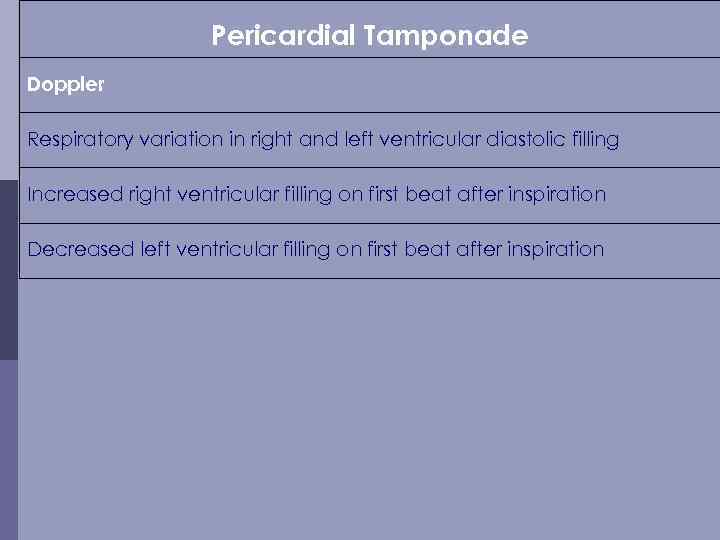 Pericardial Tamponade Doppler Respiratory variation in right and left ventricular diastolic filling Increased right