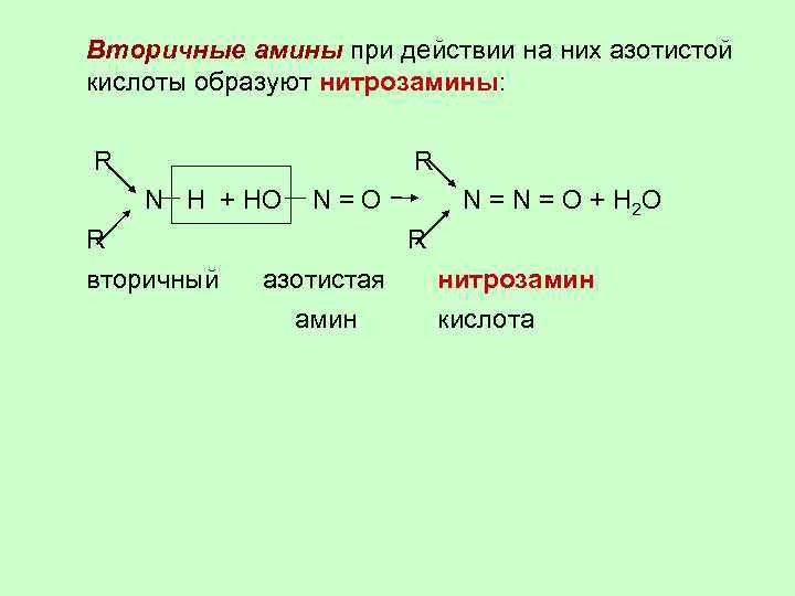 Вторичные амины при действии на них азотистой кислоты образуют нитрозамины: R R N H