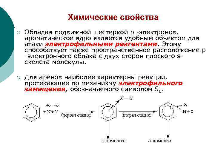 Химические свойства ¡ Обладая подвижной шестеркой p -электронов, ароматическое ядро является удобным объектом для