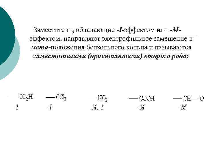 Заместители, обладающие -I-эффектом или -Мэффектом, направляют электрофильное замещение в мета-положения бензольного кольца и называются