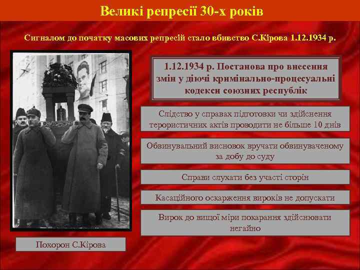 Великі репресії 30 -х років Сигналом до початку масових репресій стало вбивство С. Кірова
