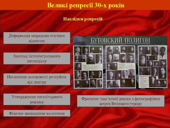 Великі репресії 30 -х років Наслідки репресій Деформація морально-етичних відносин Занепад інтелектуального потенціалу Посилення