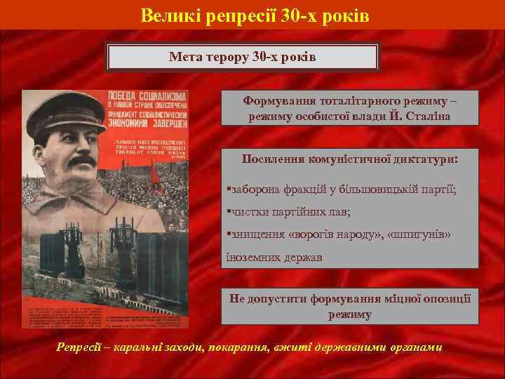 Великі репресії 30 -х років Мета терору 30 -х років Формування тоталітарного режиму –