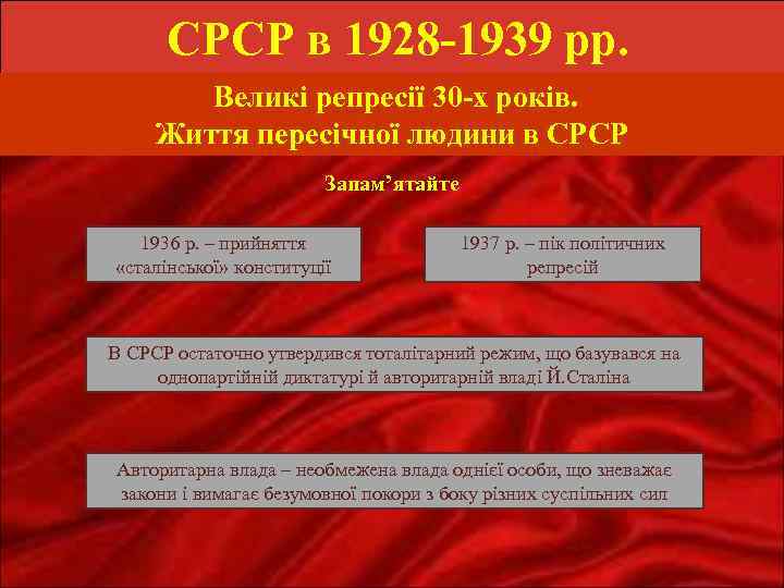 СРСР в 1928 -1939 рр. Великі репресії 30 -х років. Життя пересічної людини в