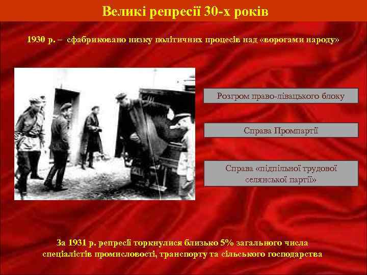 Великі репресії 30 -х років 1930 р. – сфабриковано низку політичних процесів над «ворогами