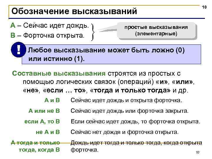 Обозначение высказываний A – Сейчас идет дождь. B – Форточка открыта. ! 10 простые