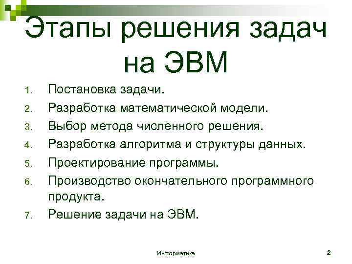 Этапы решения задач на ЭВМ 1. 2. 3. 4. 5. 6. 7. Постановка задачи.