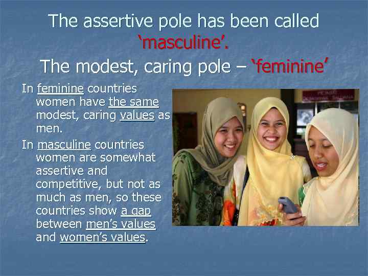 The assertive pole has been called ‘masculine’. The modest, caring pole – ‘feminine’ In