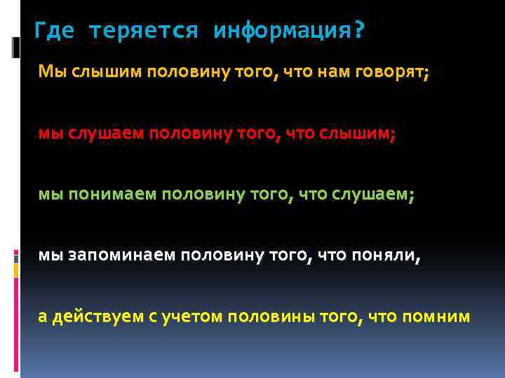 Где теряется информация? Мы слышим половину того, что нам говорят; мы слушаем половину того,