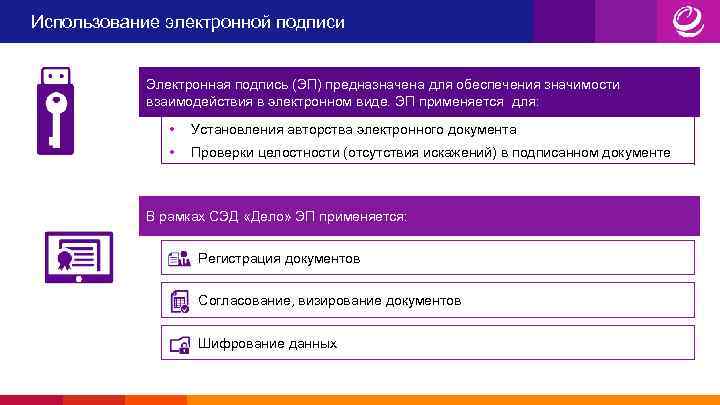 Использование электронной подписи Электронная подпись (ЭП) предназначена для обеспечения значимости взаимодействия в электронном виде.