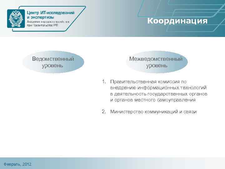 Координация Ведомственный уровень Межведомственный уровень 1. Правительственная комиссия по внедрению информационных технологий в деятельность