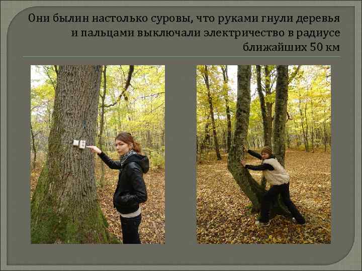 Они былин настолько суровы, что руками гнули деревья и пальцами выключали электричество в радиусе