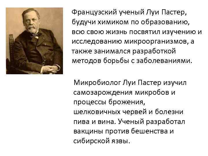 Французский ученый Луи Пастер, будучи химиком по образованию, всю свою жизнь посвятил изучению и