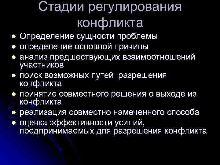 Стадии регулирования конфликта l l l l Определение сущности проблемы определение основной причины анализ