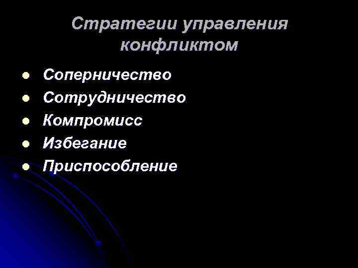 Стратегии управления конфликтом l l l Соперничество Сотрудничество Компромисс Избегание Приспособление 