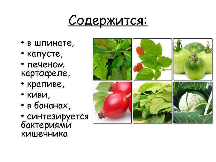 Содержится: • в шпинате, • капусте, • печеном картофеле, • крапиве, • киви, •