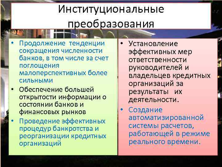 Институциональные преобразования • Продолжение тенденции сокращения численности банков, в том числе за счет поглощения